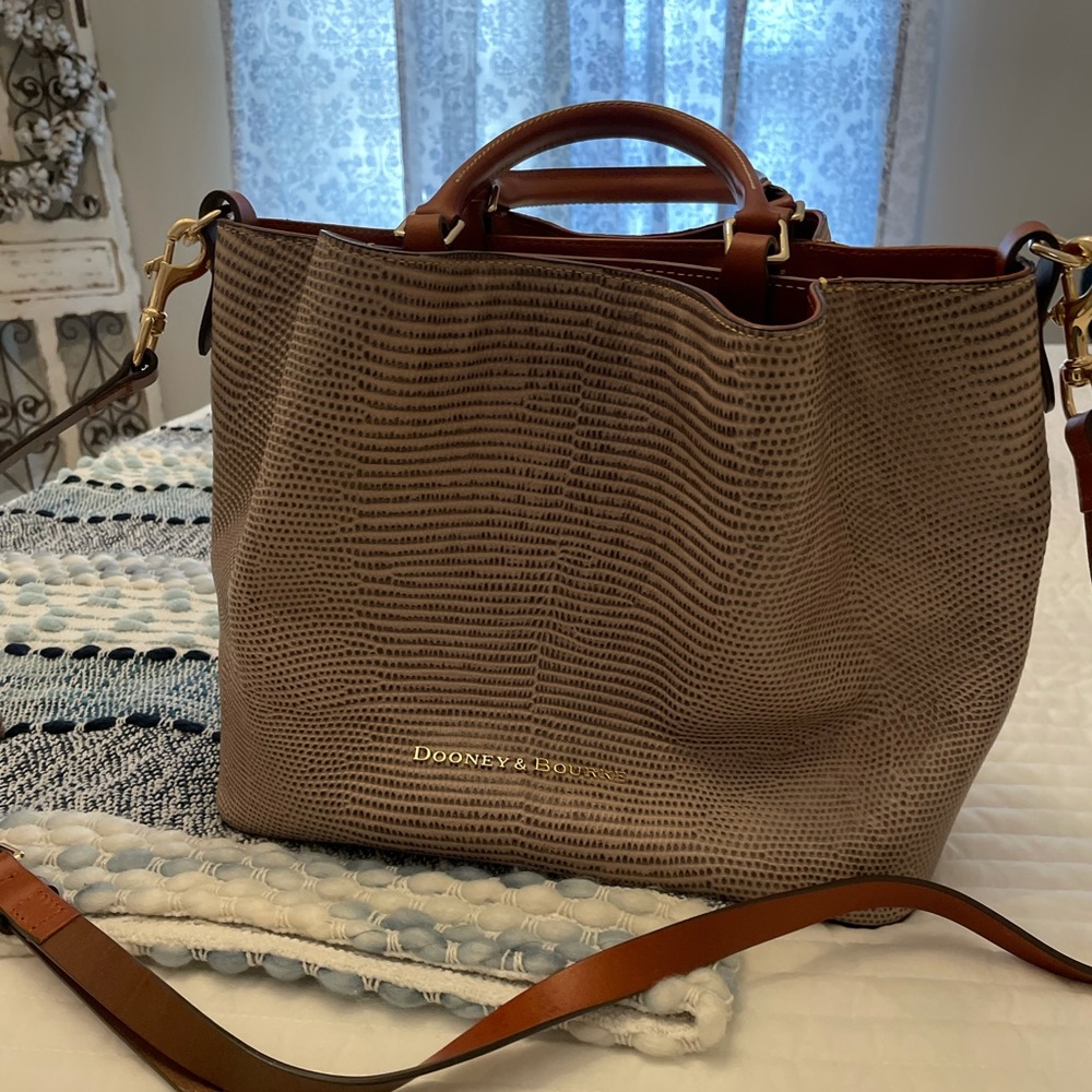 Dooney & Bourke Taupe Textured Leather Satchel with Brown Trim